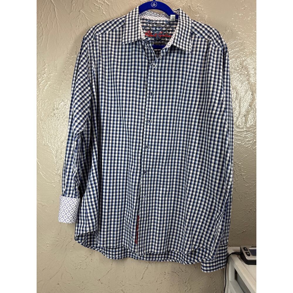 Robert Graham Shirt Blue Gingham Plaid Button Up Classic Flip Cuff Mens Size XL‎